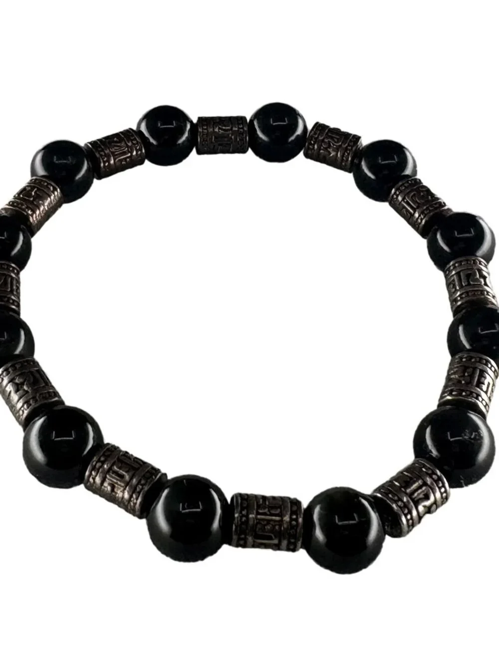 8mm Natural Black Obsidian Stretch Beaded Bracelet Silver Alloy Spacer Charm